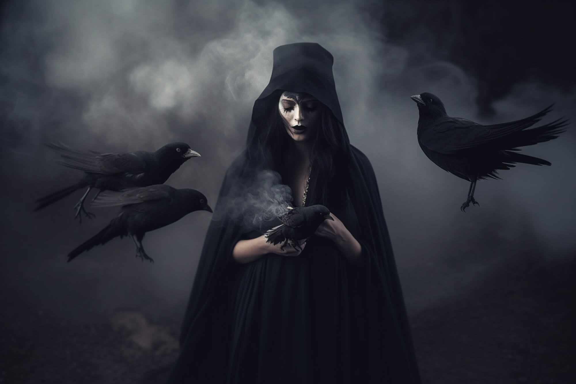 Mysterious woman in black gothic dress in the mist surrounded by