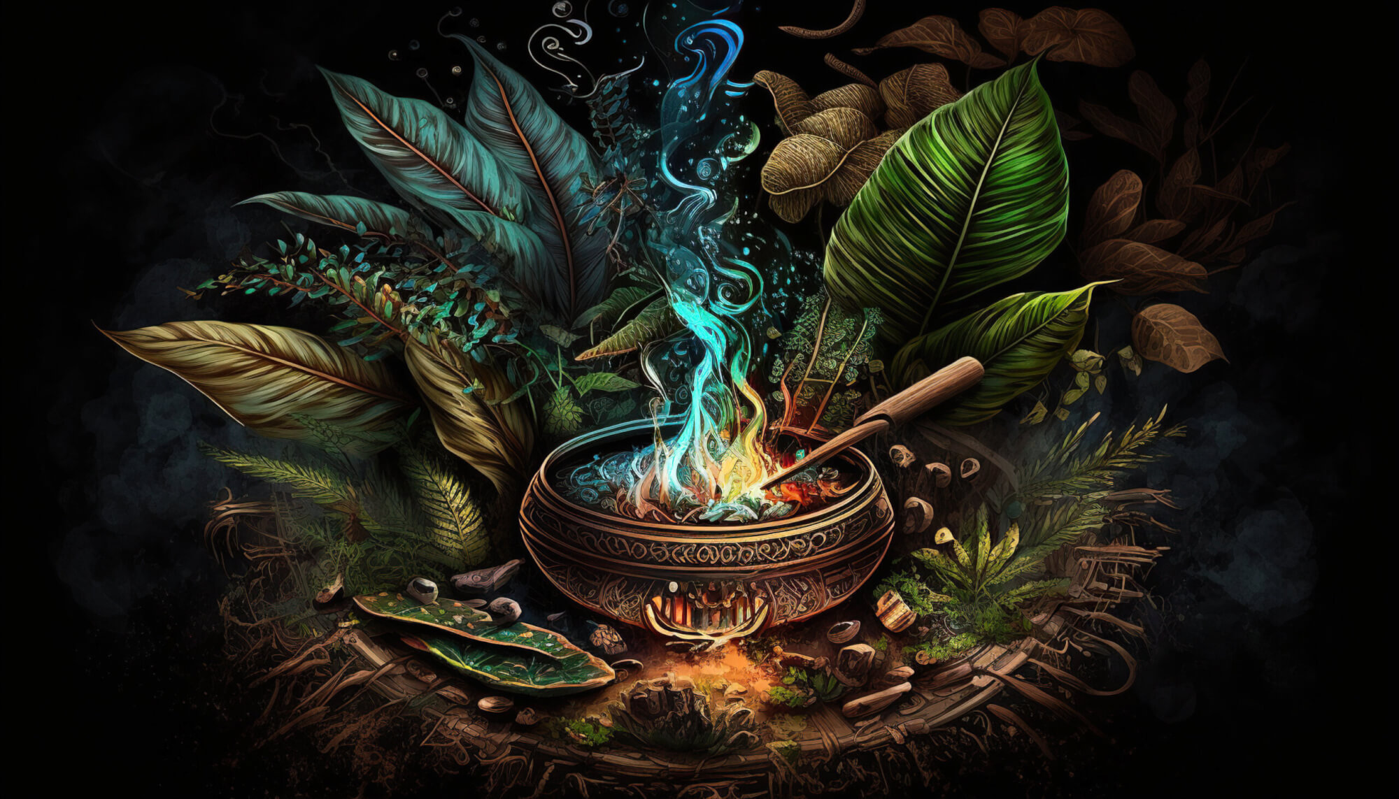 Bowl with ayahuasca inside surrounded by leaves.
